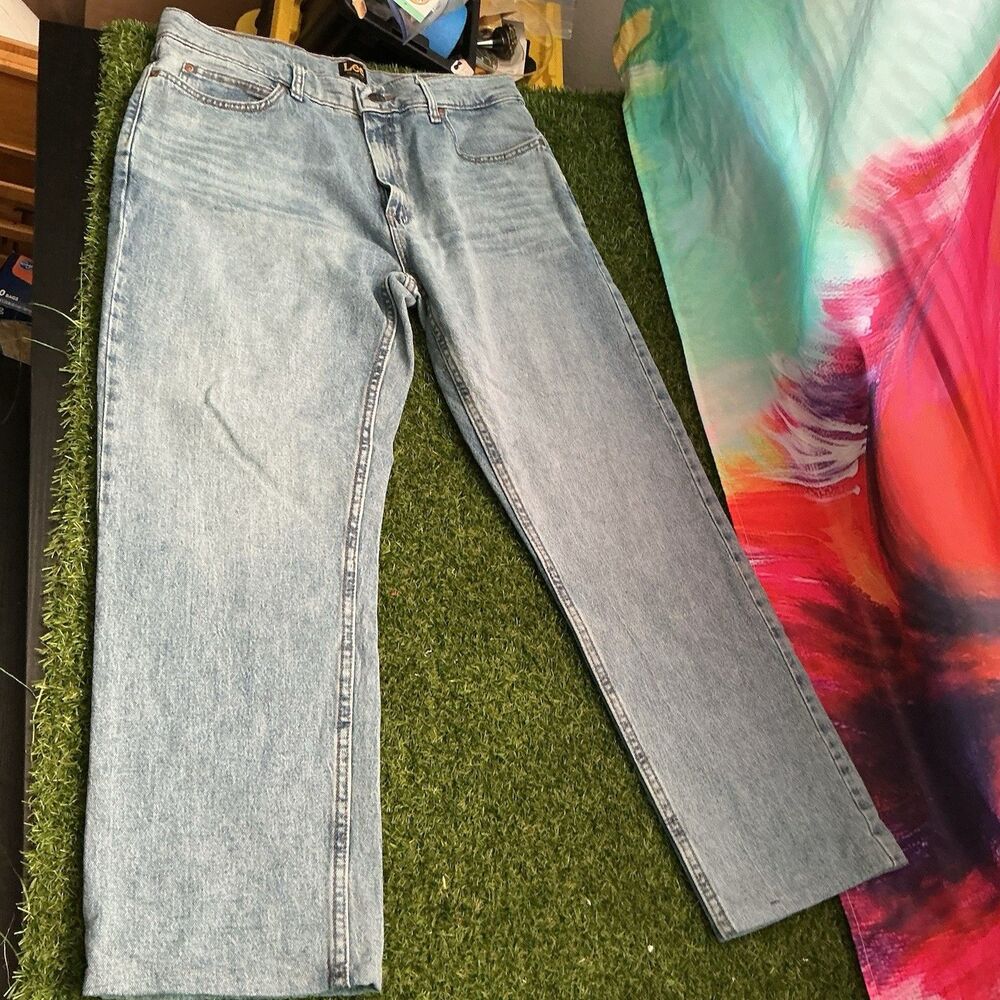Lee Relaxed Fit Jeans Men 34x27 Light Acid Wash Straight Leg Denim Made Mexico